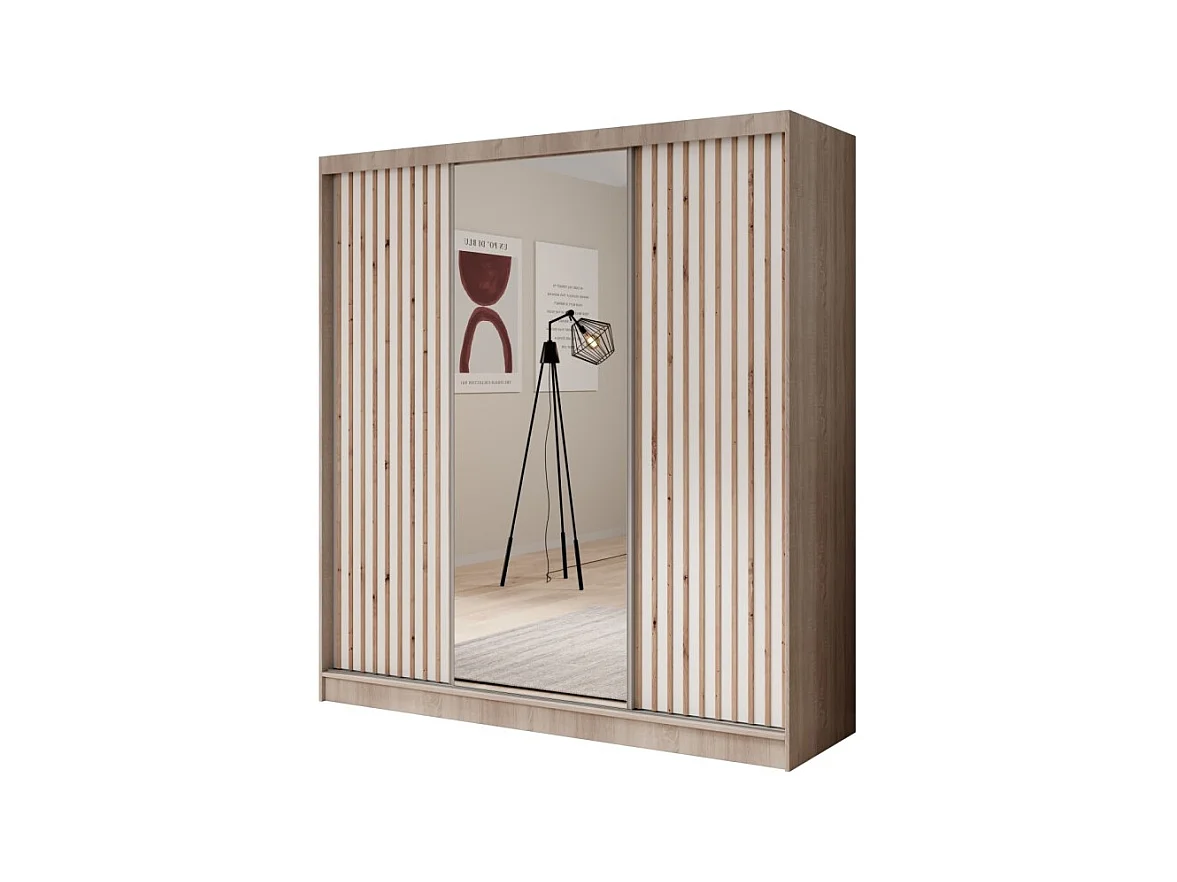 Armoire Ines (200 cm)/Portes coulissantes/Miroir et tiroirs/Blanc&Marron