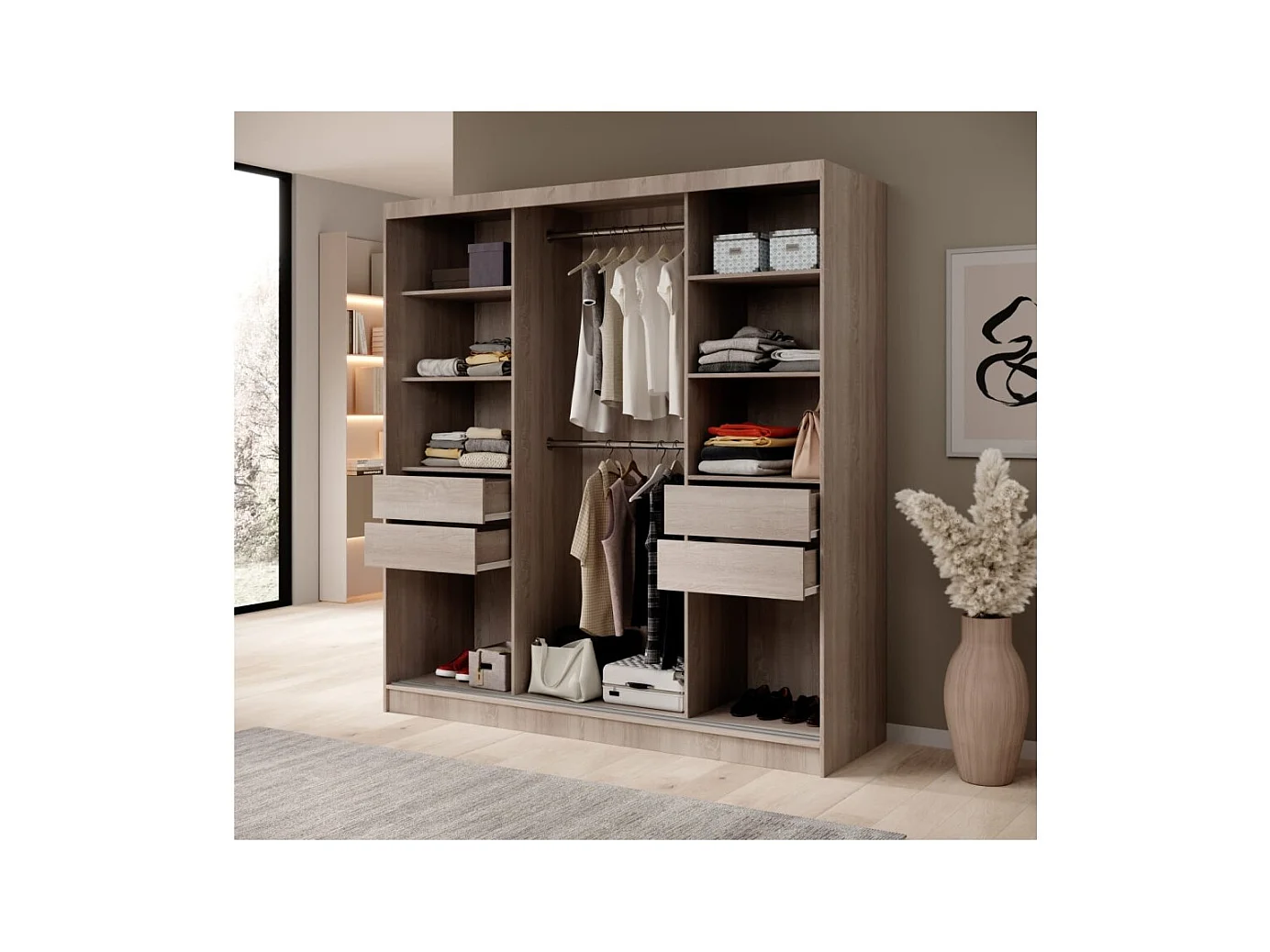 Armoire Ines (200 cm)/Portes coulissantes/Miroir et tiroirs/Blanc&Marron