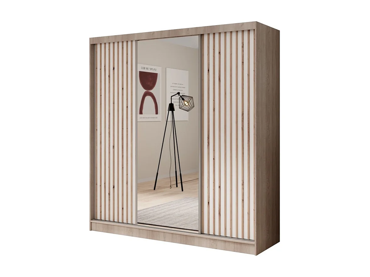 Armoire Ines (200 cm)/Portes coulissantes/Miroir et tiroirs/Blanc&Marron