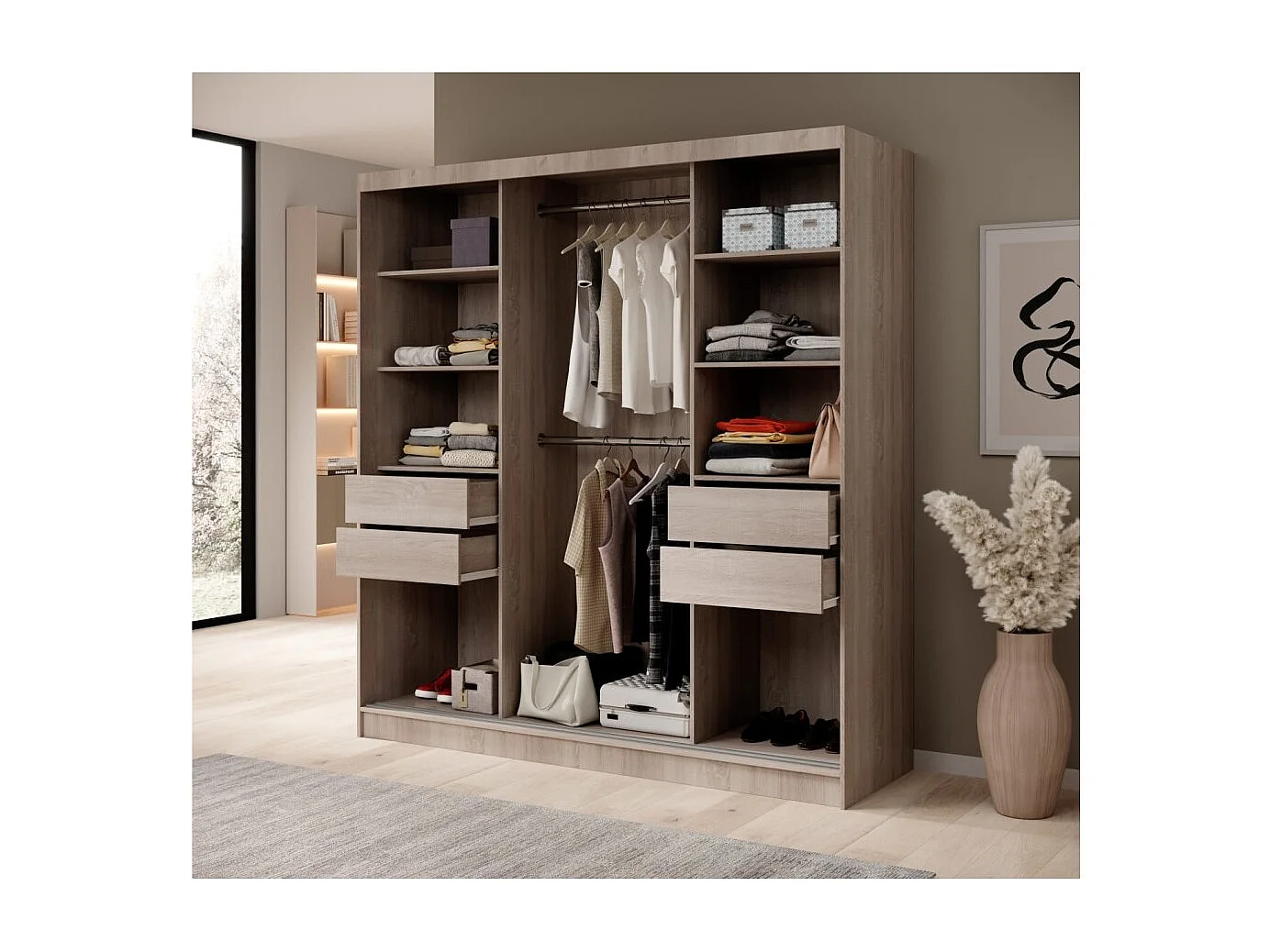Armoire Ines (200 cm)/Portes coulissantes/Miroir et tiroirs/Blanc&Marron