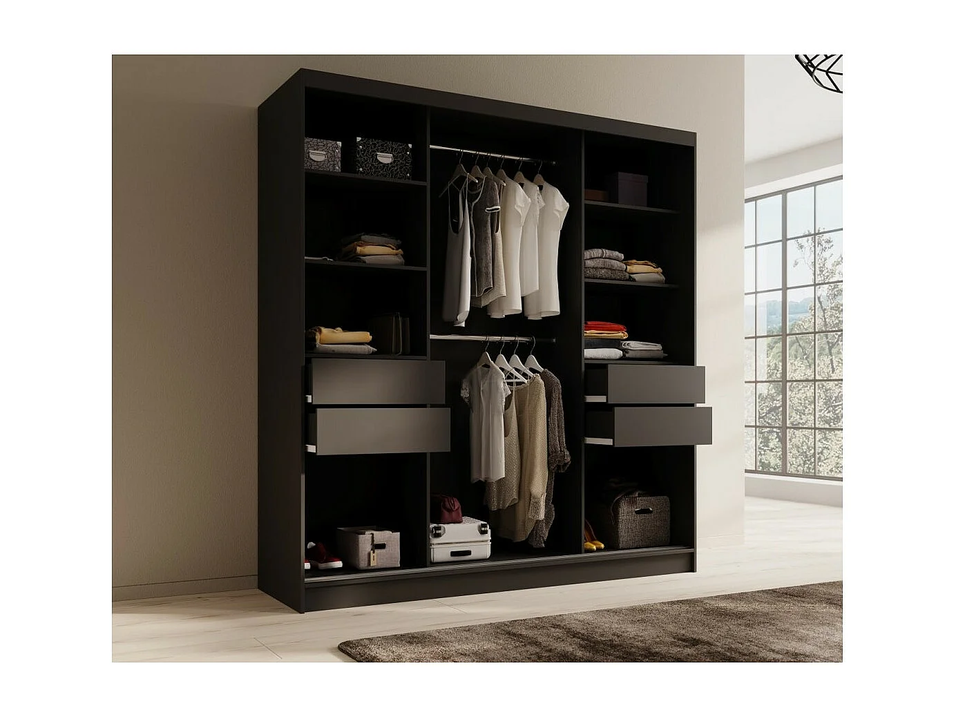 Kleiderschrank Tilo (200cm)/Schiebetüren/Spiegel/Schwarz