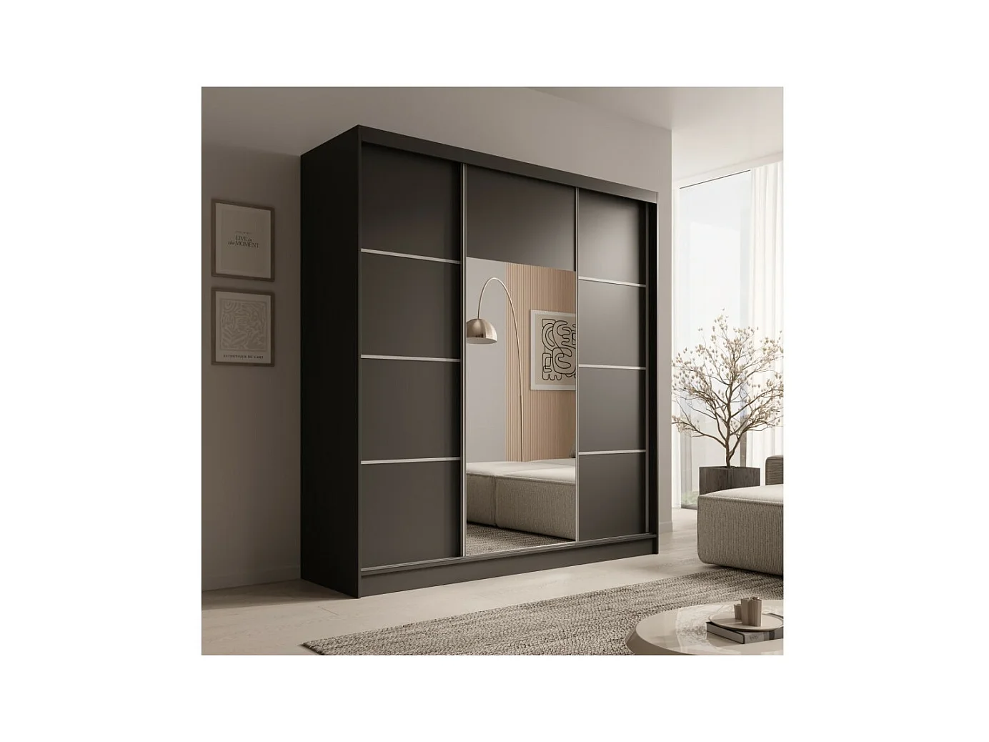 Armadio Kristen (200cm)/Ante scorrevoli/Specchio/Nero&Grigio