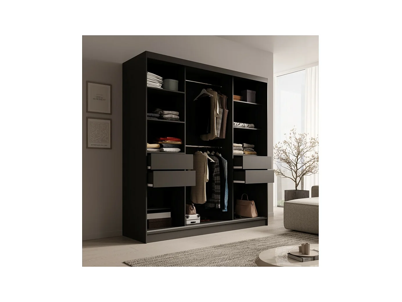 Armadio Kristen (200cm)/Ante scorrevoli/Specchio/Nero&Grigio