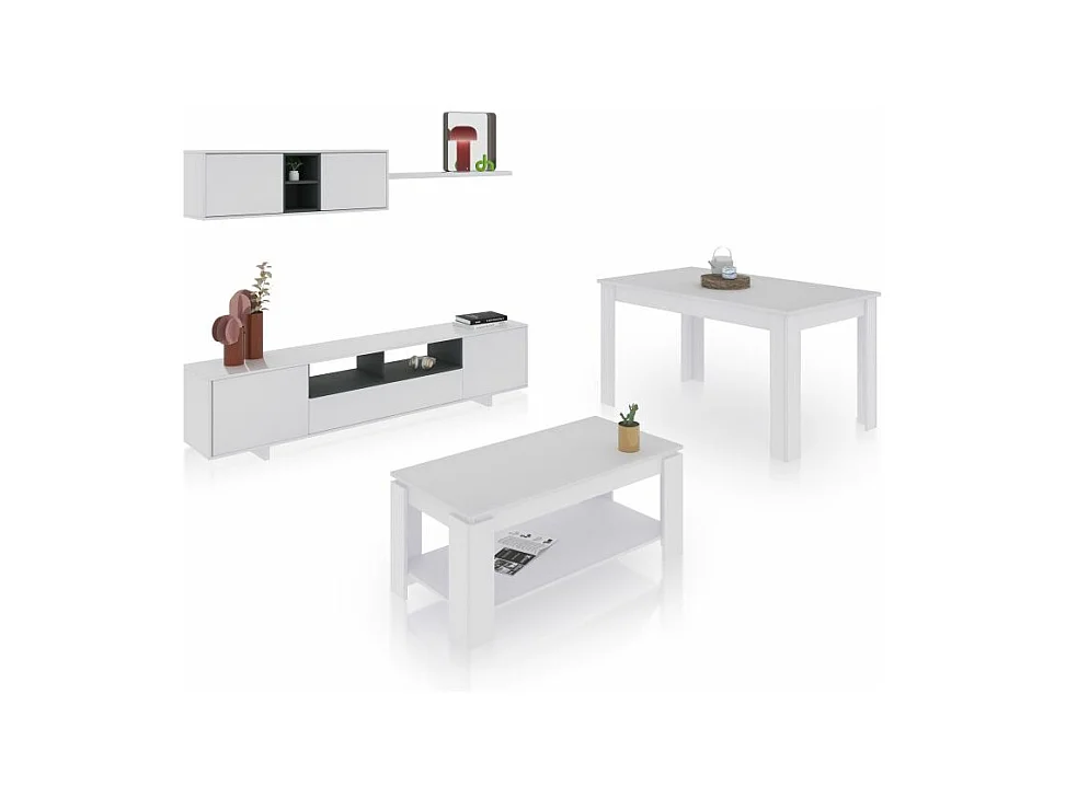 Pack salón con mesa de centro y mesa de comedor Kenzo Max V1A Blanco Brillo - Gris Antracita