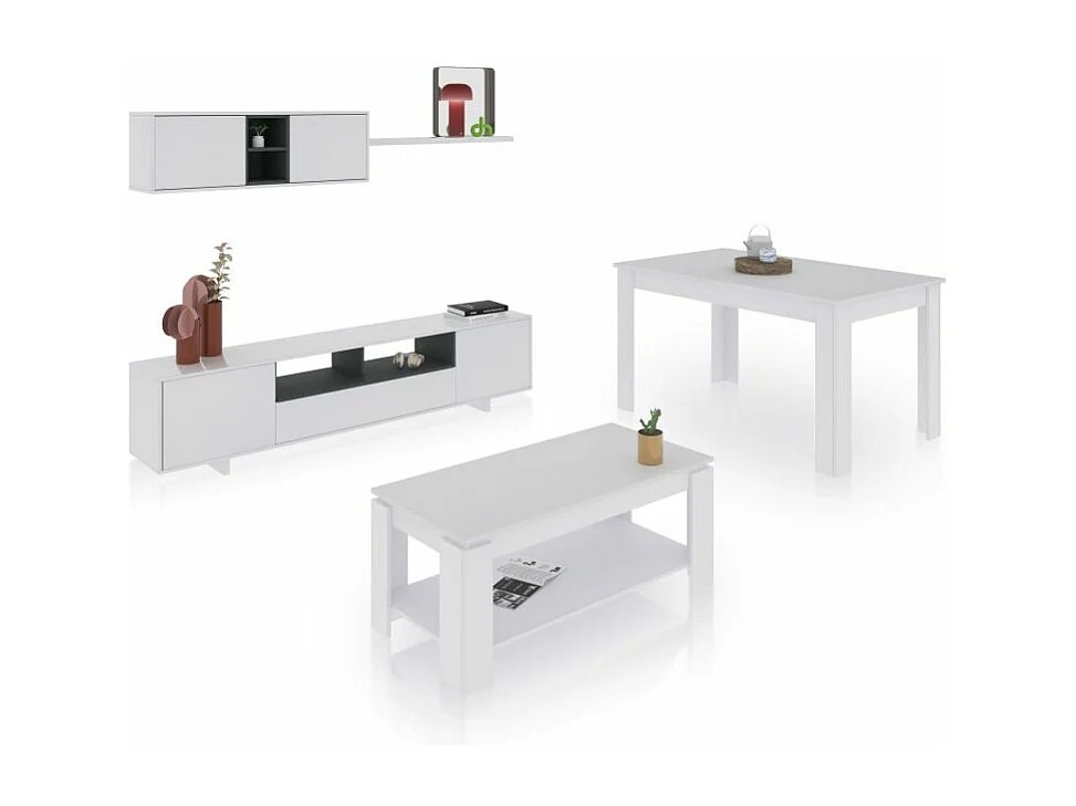 Pack salón con mesa de centro y mesa de comedor Kenzo Max V1A Blanco Brillo - Gris Antracita