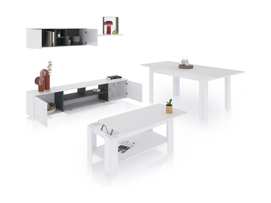 Pack salón con mesa de centro y mesa de comedor Kenzo Max V1A Blanco Brillo - Gris Antracita