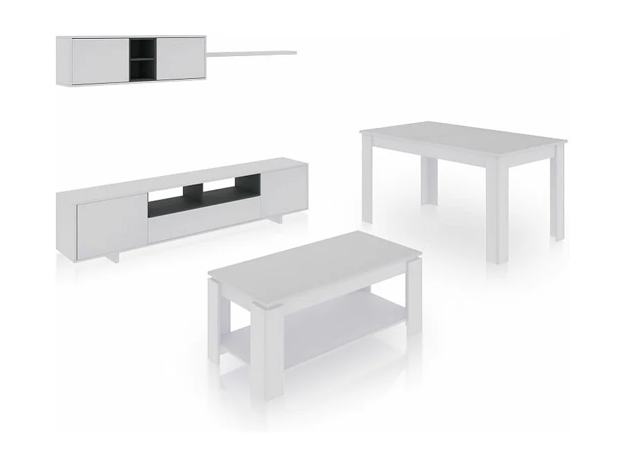 Pack salón con mesa de centro y mesa de comedor Kenzo Max V1A Blanco Brillo - Gris Antracita