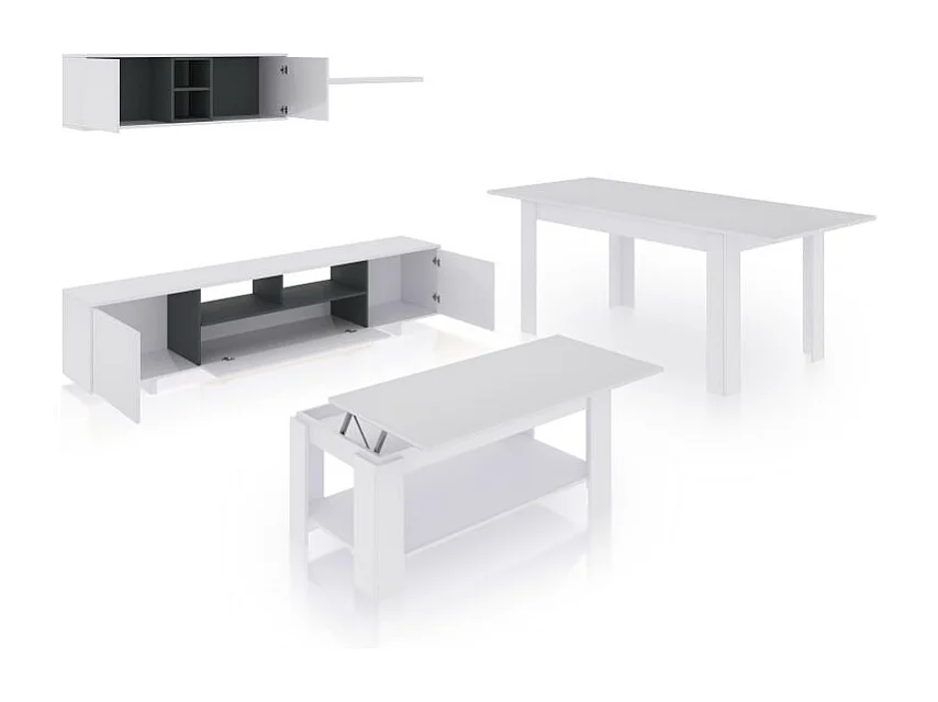 Pack salón con mesa de centro y mesa de comedor Kenzo Max V1A Blanco Brillo - Gris Antracita
