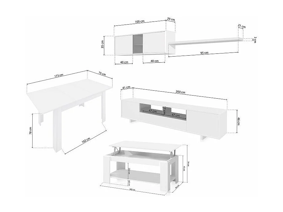 Pack salón con mesa de centro y mesa de comedor Kenzo Max V1A Blanco Brillo - Gris Antracita