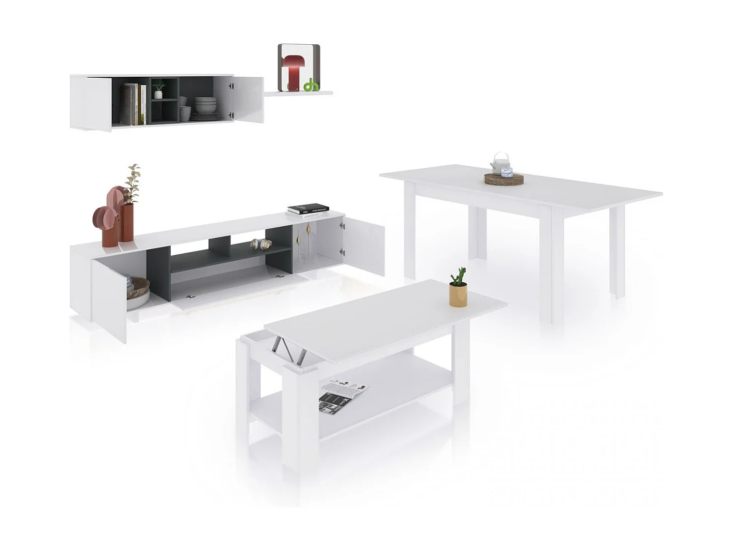 Pack salón con mesa de centro y mesa de comedor Kenzo Max V1A Blanco Brillo - Gris Antracita