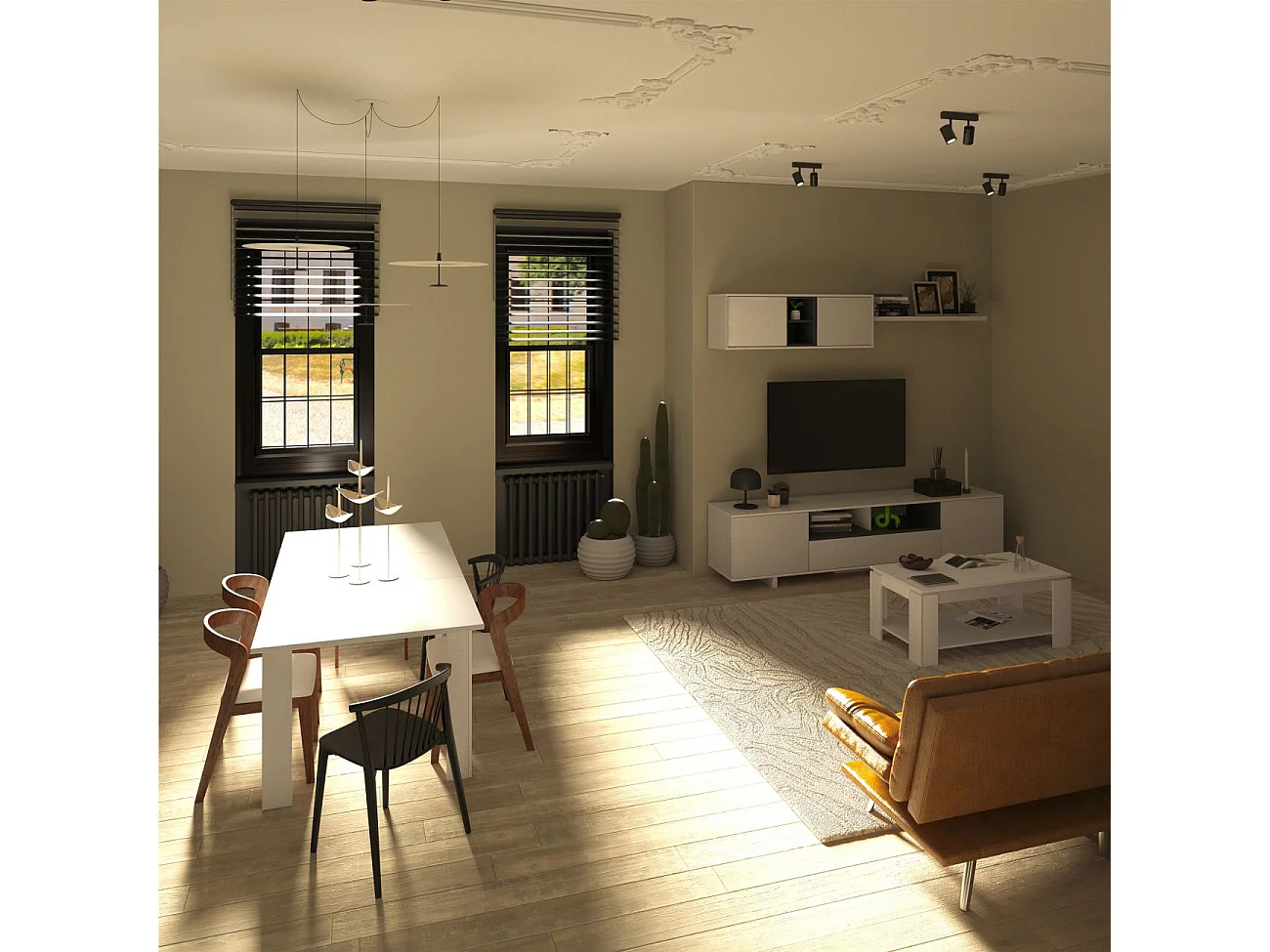 Pack salón con mesa de centro y mesa de comedor Kenzo Max V1A Blanco Brillo - Gris Antracita