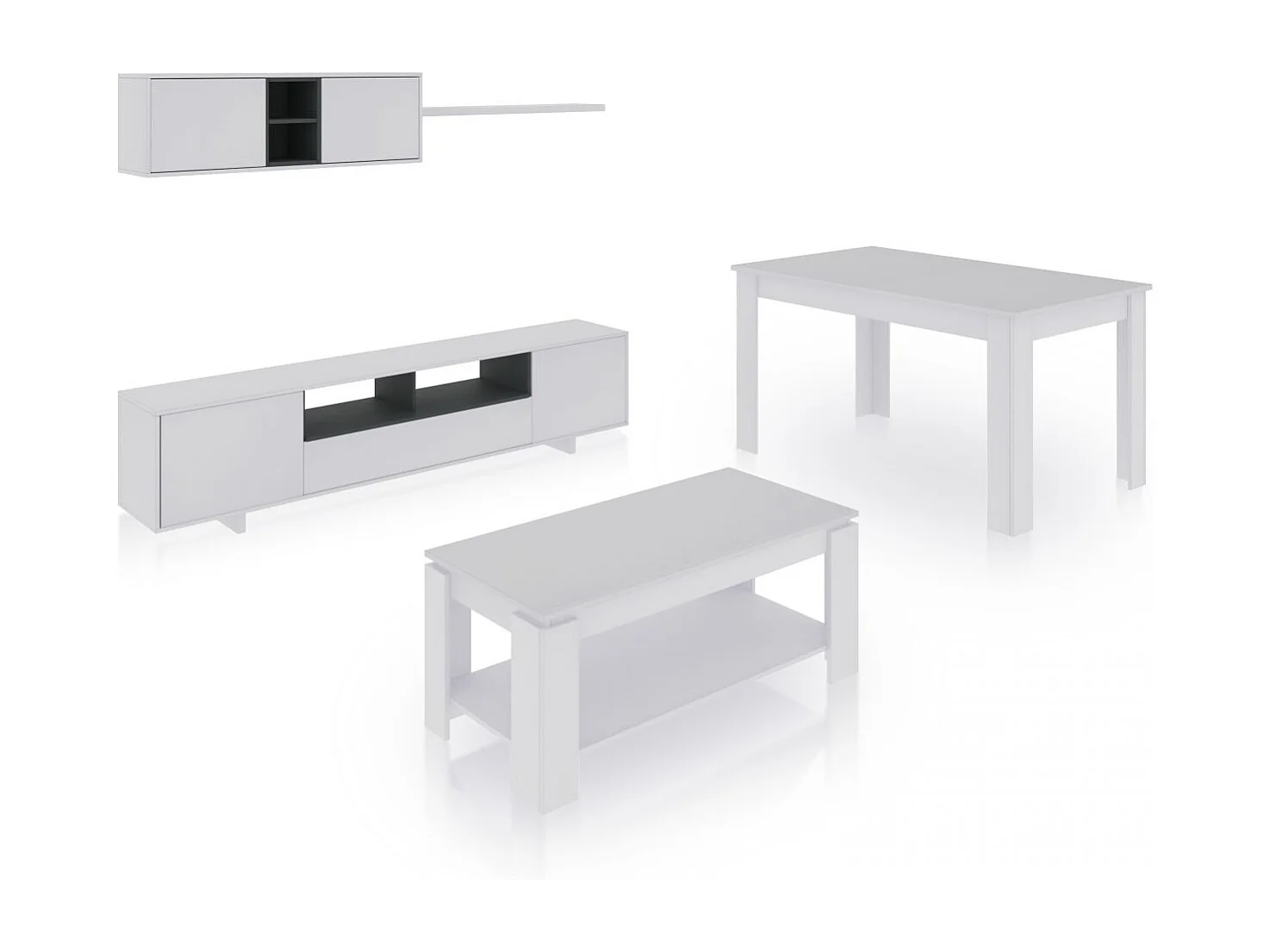Pack salón con mesa de centro y mesa de comedor Kenzo Max V1A Blanco Brillo - Gris Antracita