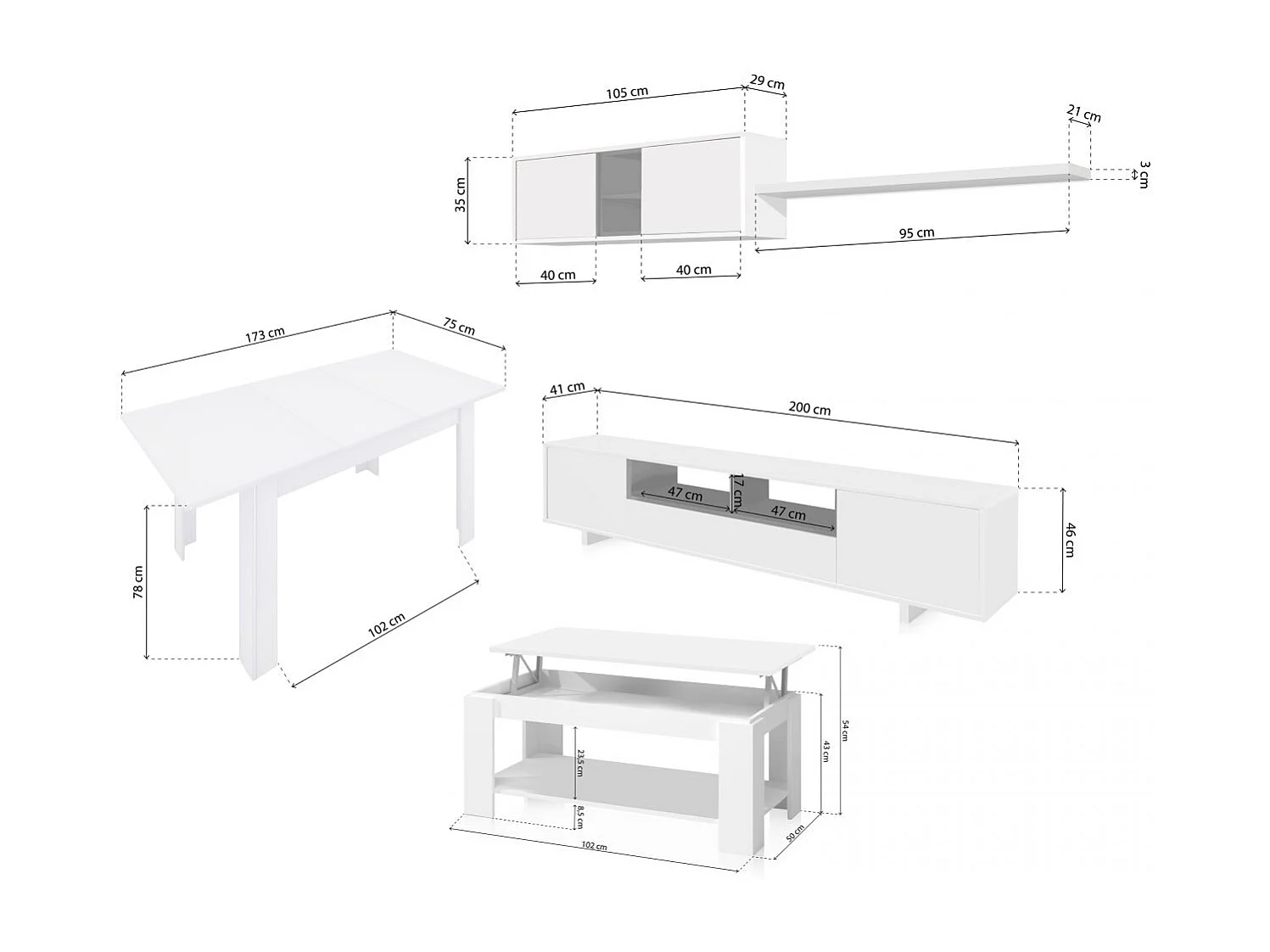 Pack salón con mesa de centro y mesa de comedor Kenzo Max V1A Blanco Brillo - Gris Antracita