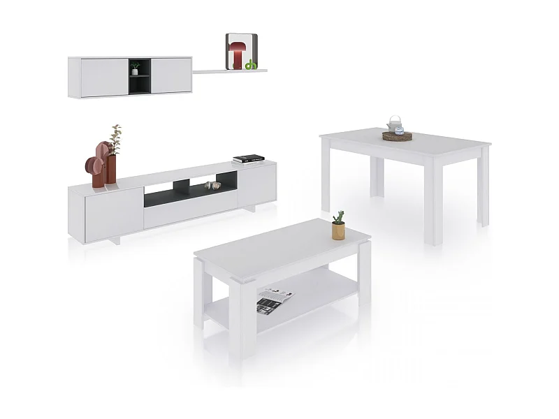 Pack salón con mesa de centro y mesa de comedor Kenzo Max V1A Blanco Brillo - Gris Antracita