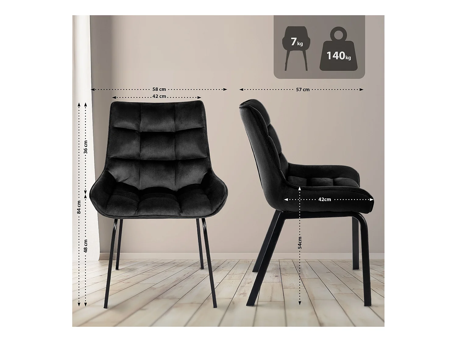 chaise salle à manger - Velours - Noir - Saranda