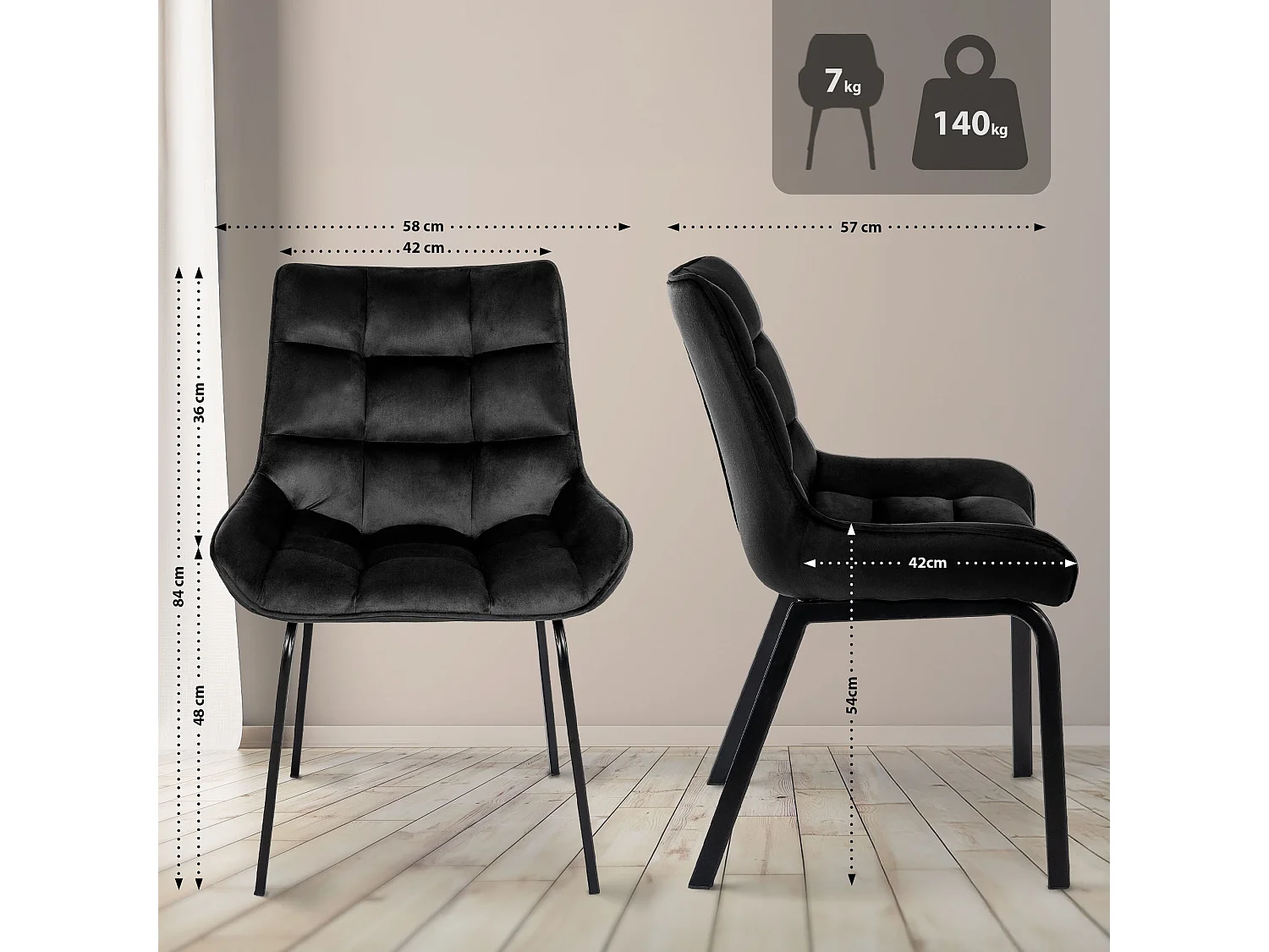 chaise salle à manger - Velours - Noir - Saranda