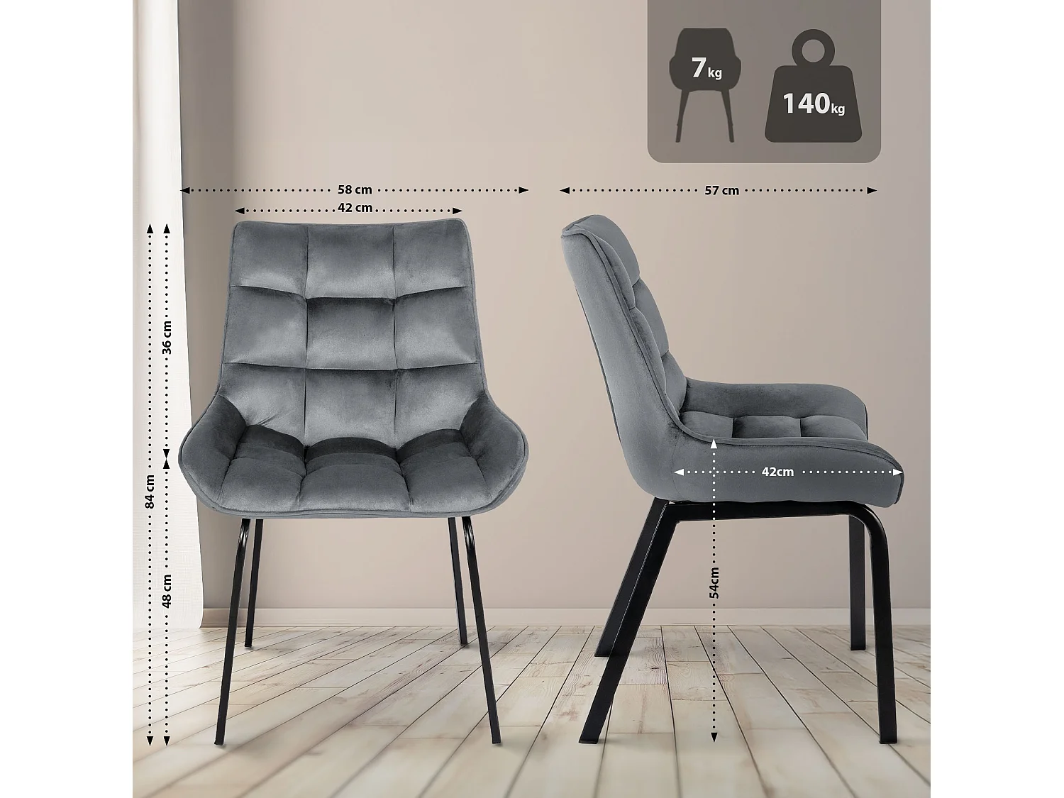 chaise salle à manger - Velours - Gris foncé - Saranda