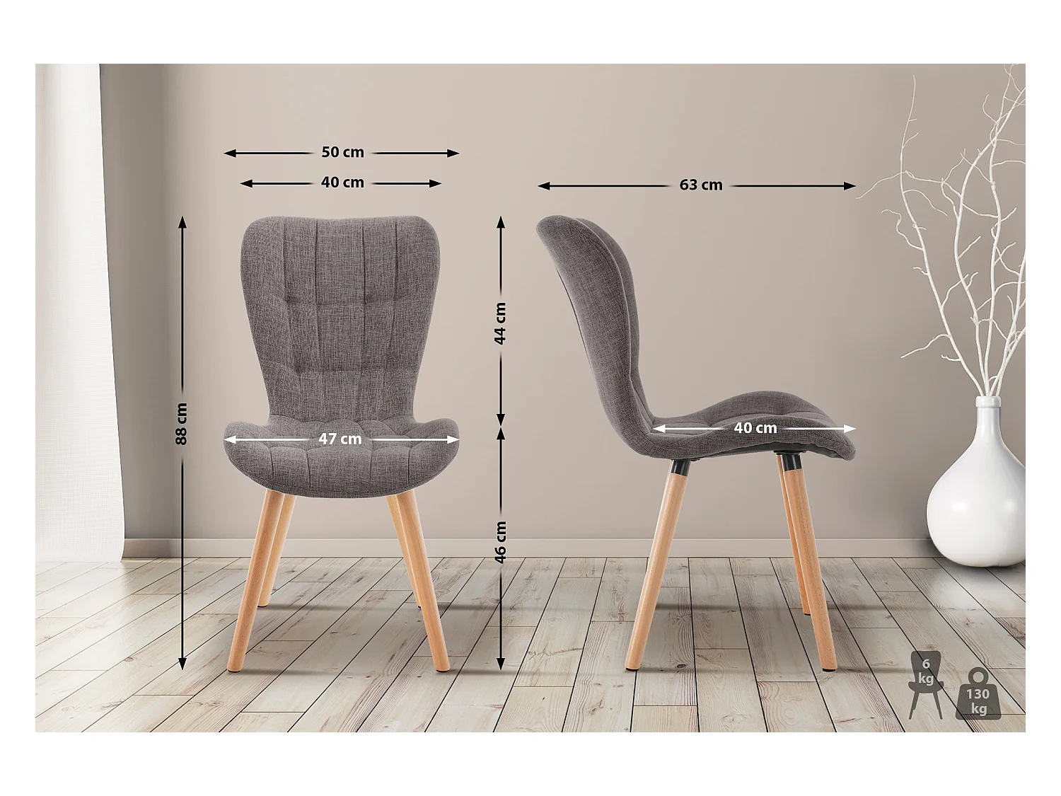 Lot de 2  chaise salle à manger - Tissu - Gris clair - Elda