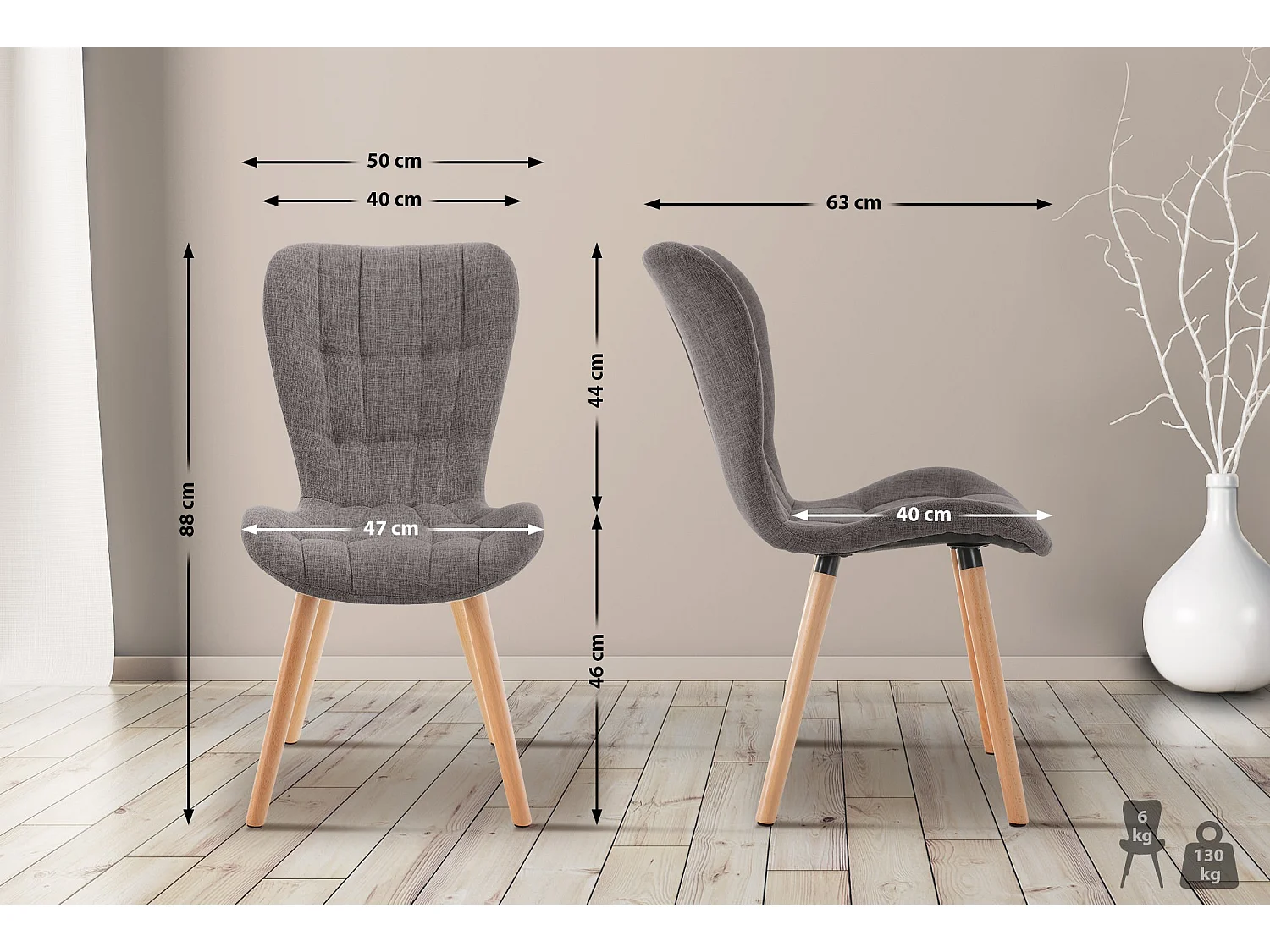 Lot de 2  chaise salle à manger - Tissu - Gris clair - Elda