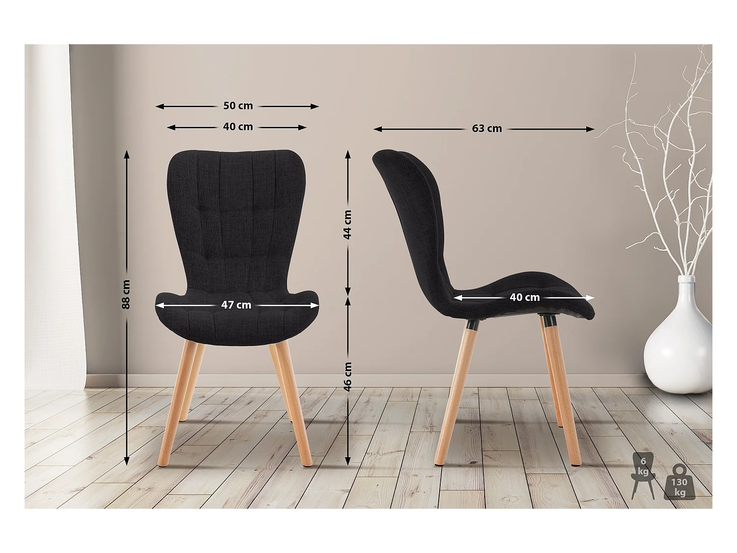 Lot de 2  chaise salle à manger - Tissu - Noir - Elda