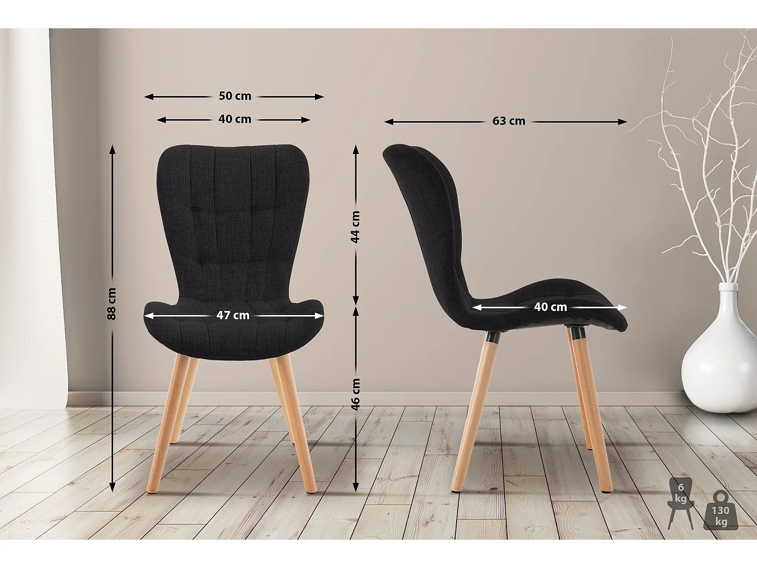 Lot de 2  chaise salle à manger - Tissu - Noir - Elda