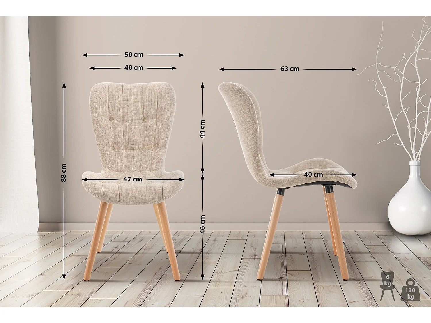 Lot de 2  chaise salle à manger - Tissu - Crème - Elda