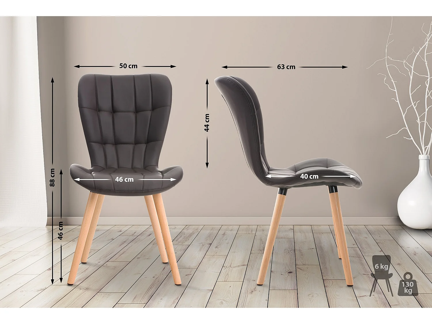 Lot de 2  chaise salle à manger - Similicuir - Marron - Elda