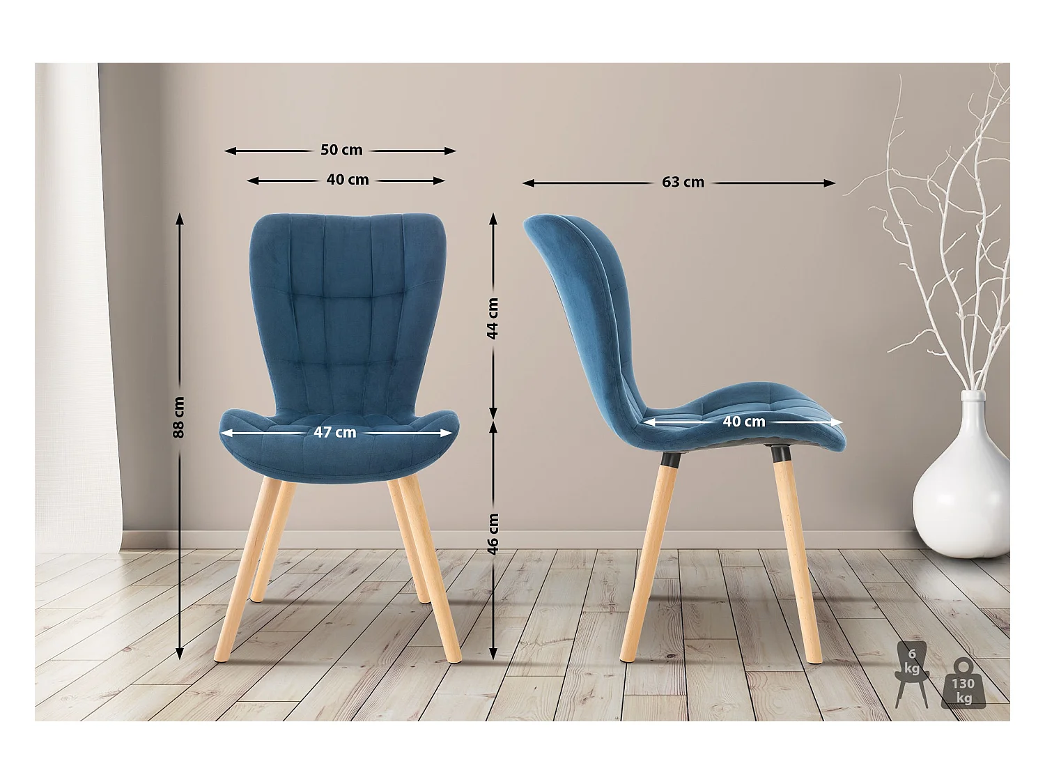 Lot de 2  chaise salle à manger - Velours - Bleu - Elda