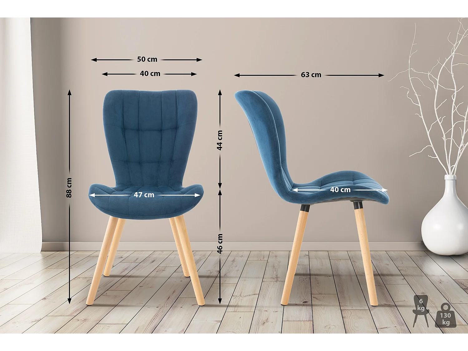 Lot de 2  chaise salle à manger - Velours - Bleu - Elda