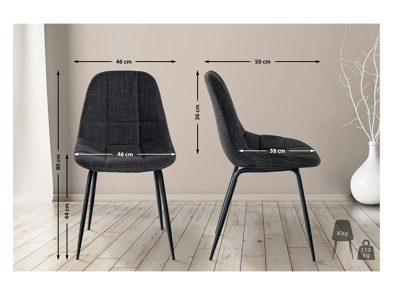 Lot de 2  chaise salle à manger - Tissu - Gris foncé - Tom