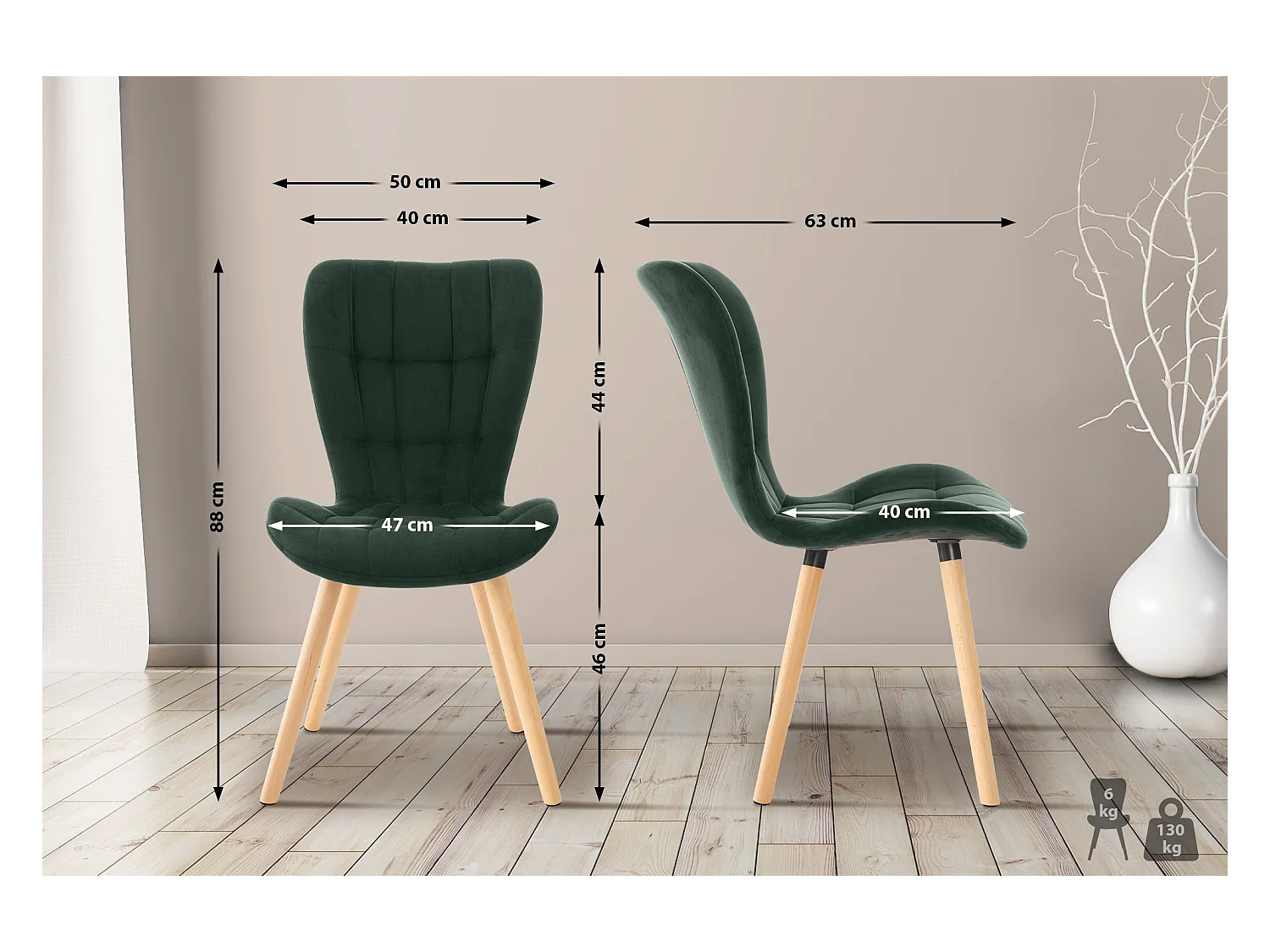 Lot de 2  chaise salle à manger - Velours - Vert - Elda