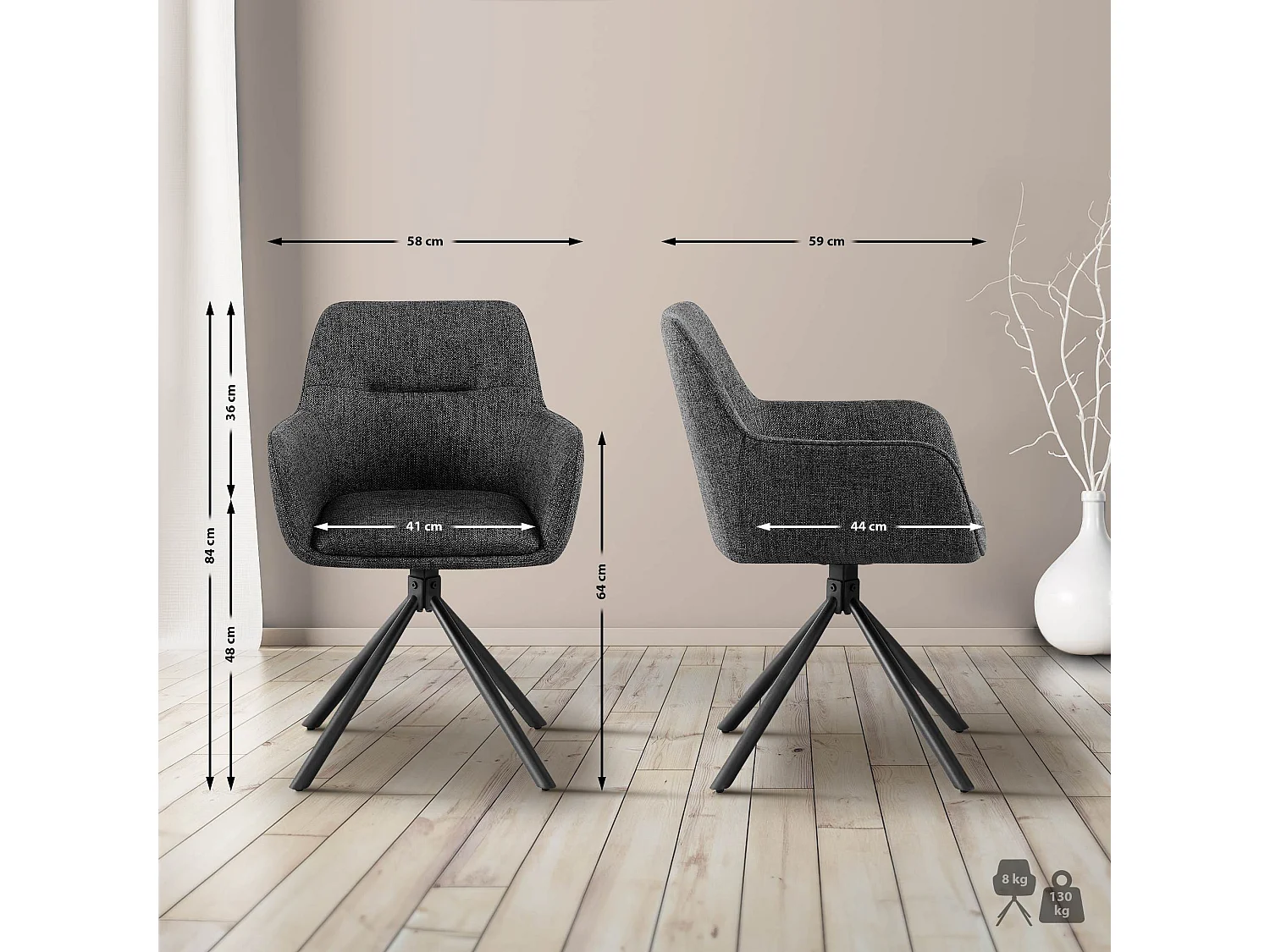 chaises avec accoudoirs - Tissu - Gris foncé - Tipton