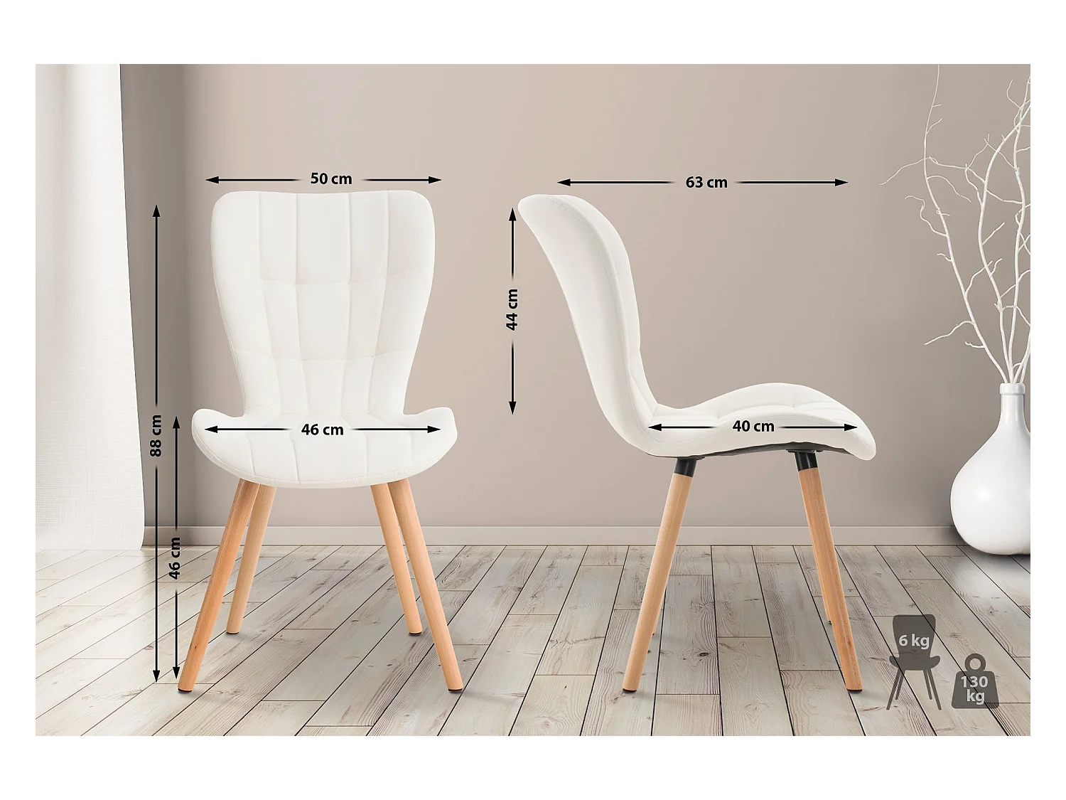 Lot de 2  chaise salle à manger - Similicuir - Blanc - Elda