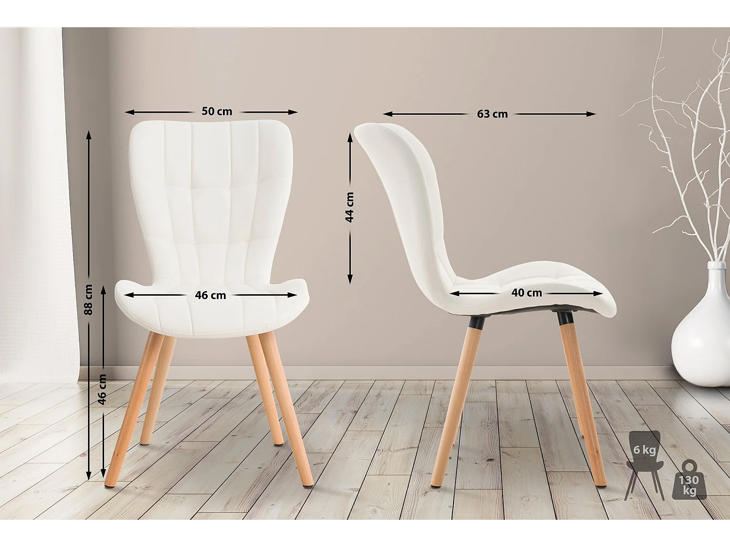 Lot de 2  chaise salle à manger - Similicuir - Blanc - Elda