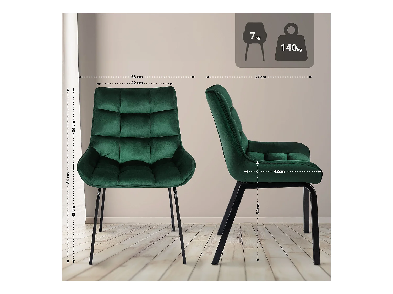 chaise salle à manger - Velours - Vert - Saranda