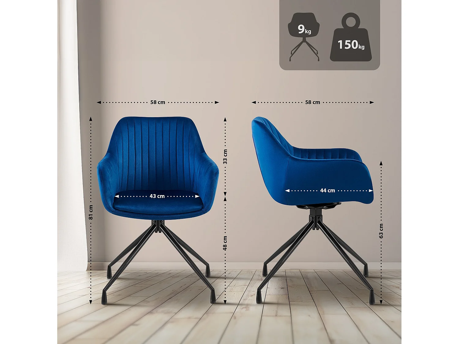 chaise salle à manger - Velours - Bleu foncé - Welby