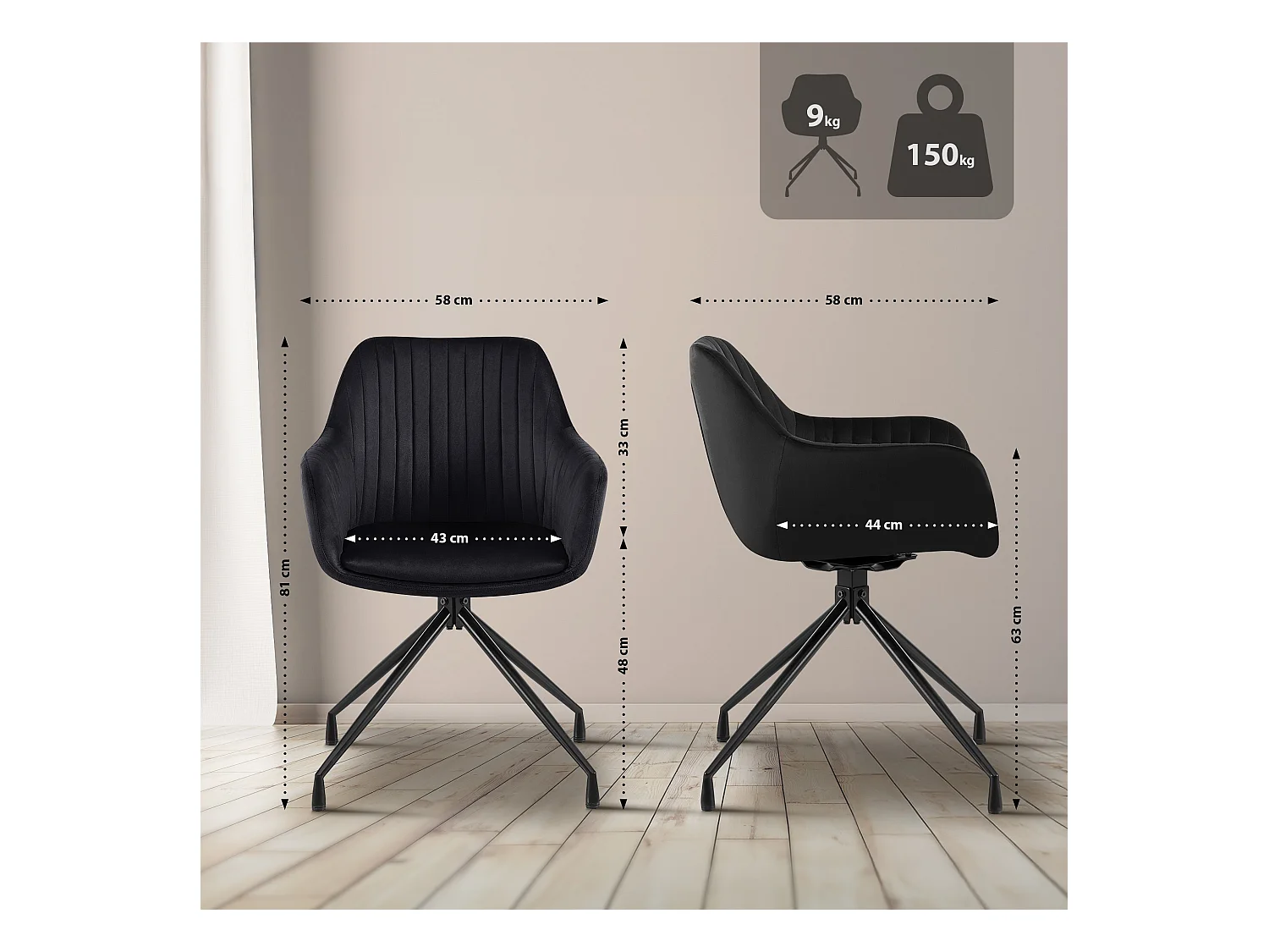 chaise salle à manger - Velours - Noir - Welby