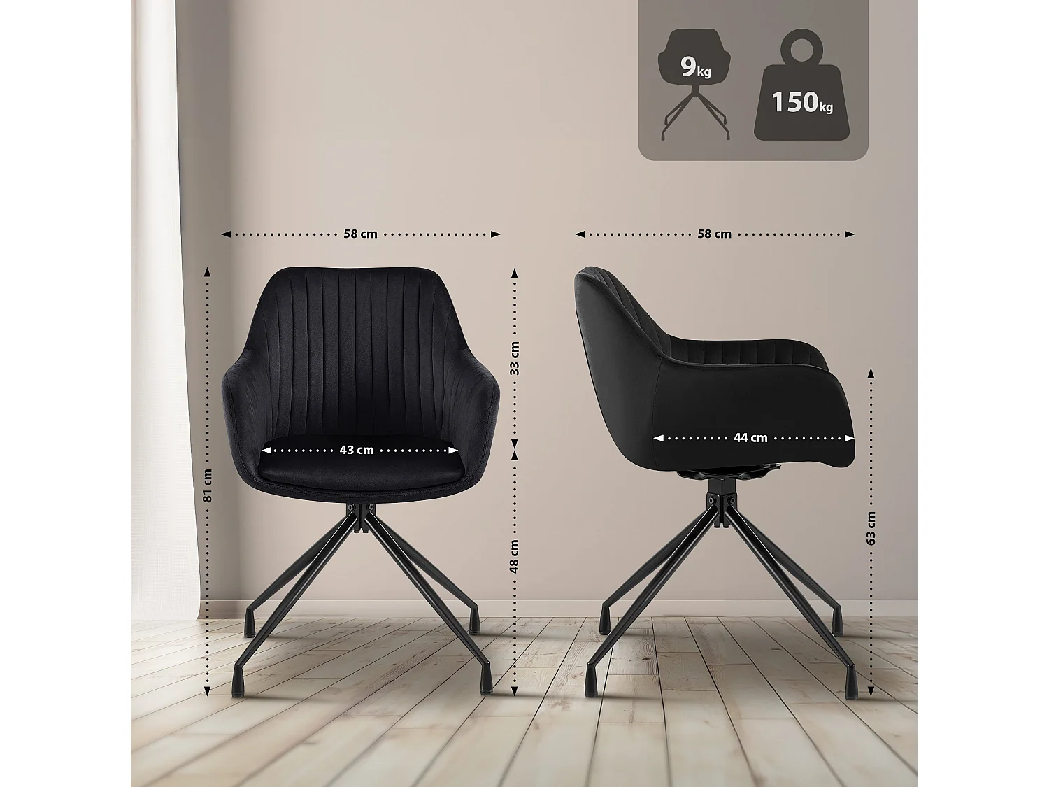 chaise salle à manger - Velours - Noir - Welby