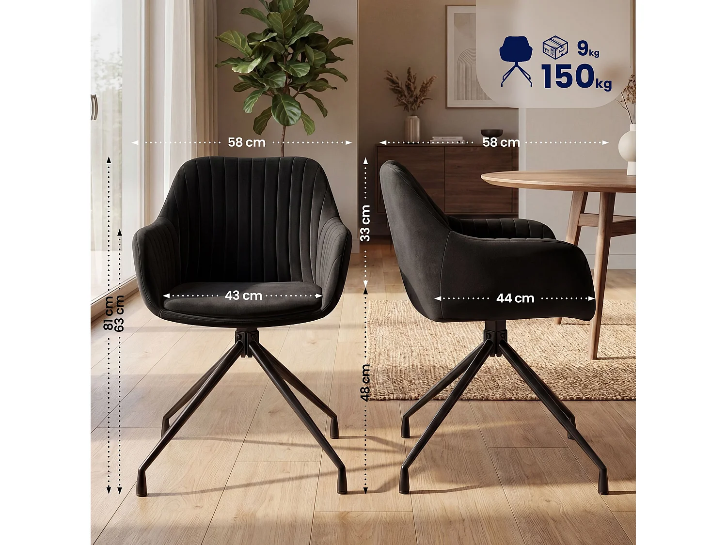 chaise salle à manger - Velours - Noir - Welby