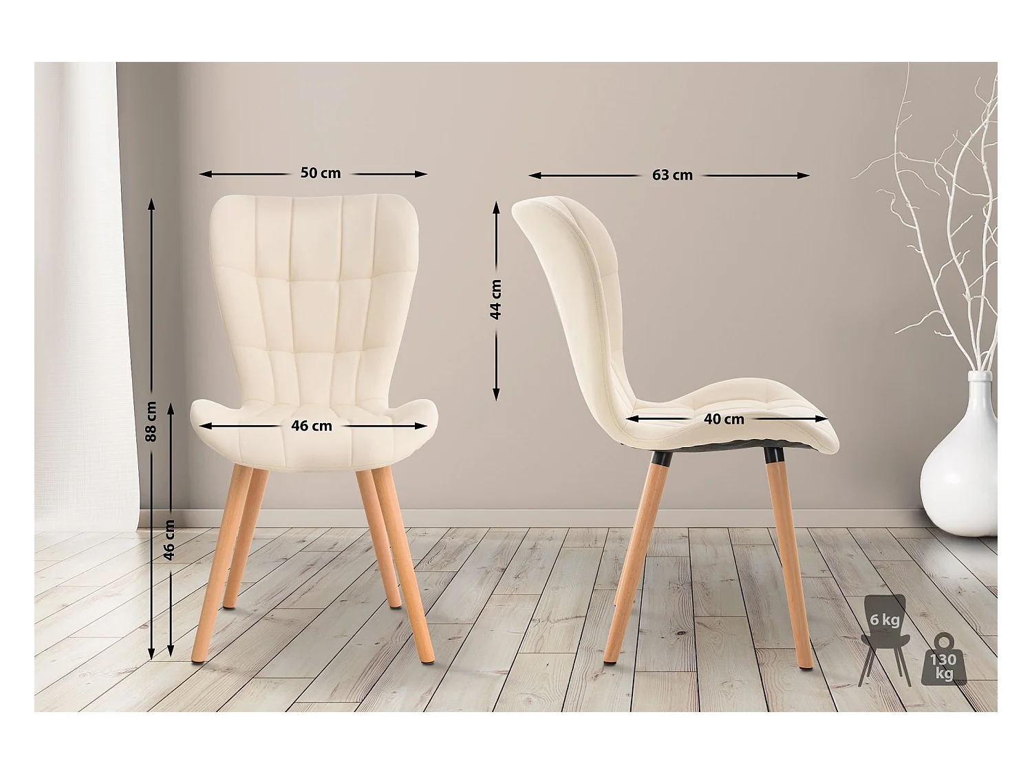 Lot de 2  chaise salle à manger - Similicuir - Crème - Elda