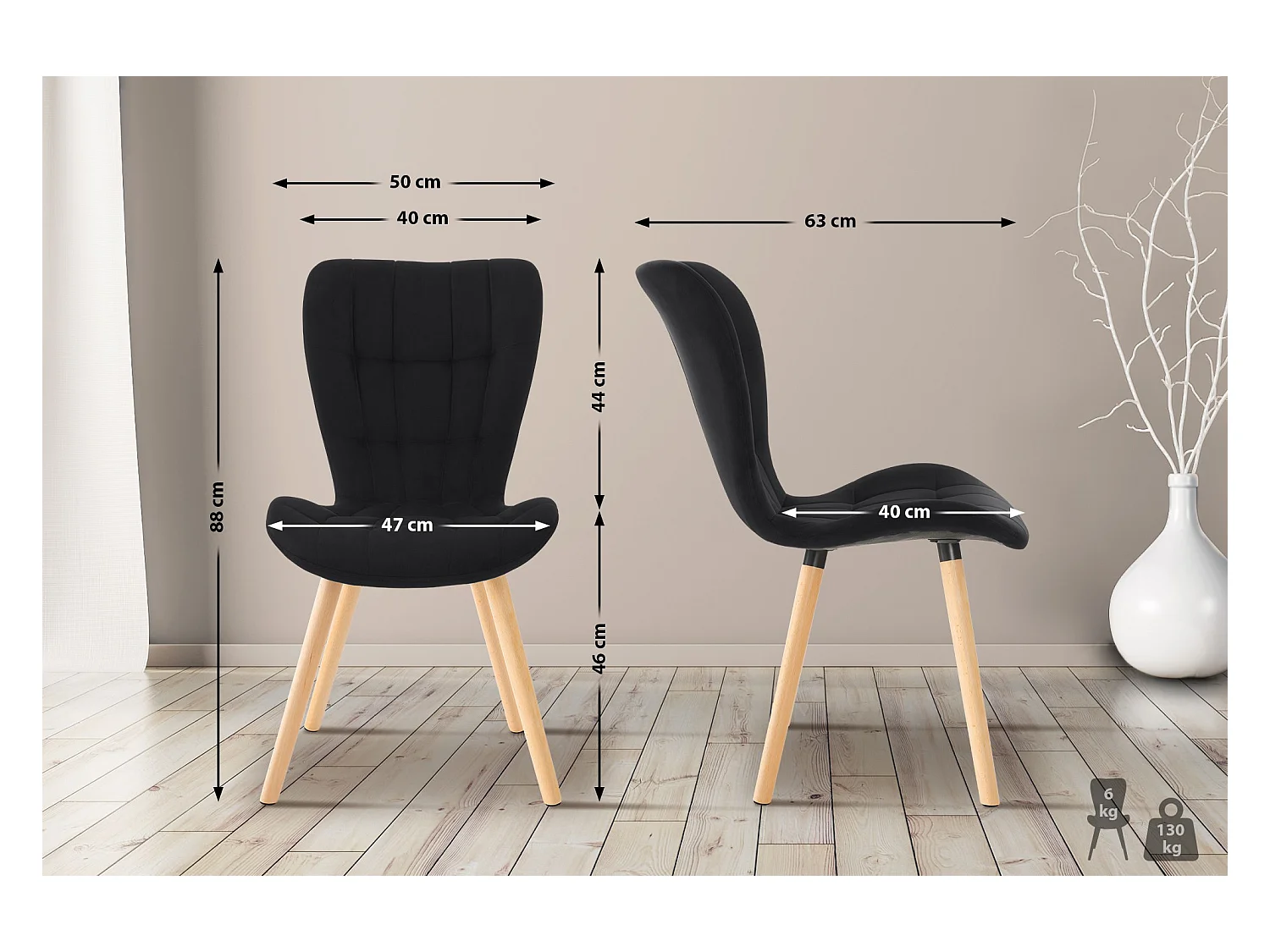 Lot de 2  chaise salle à manger - Velours - Noir - Elda