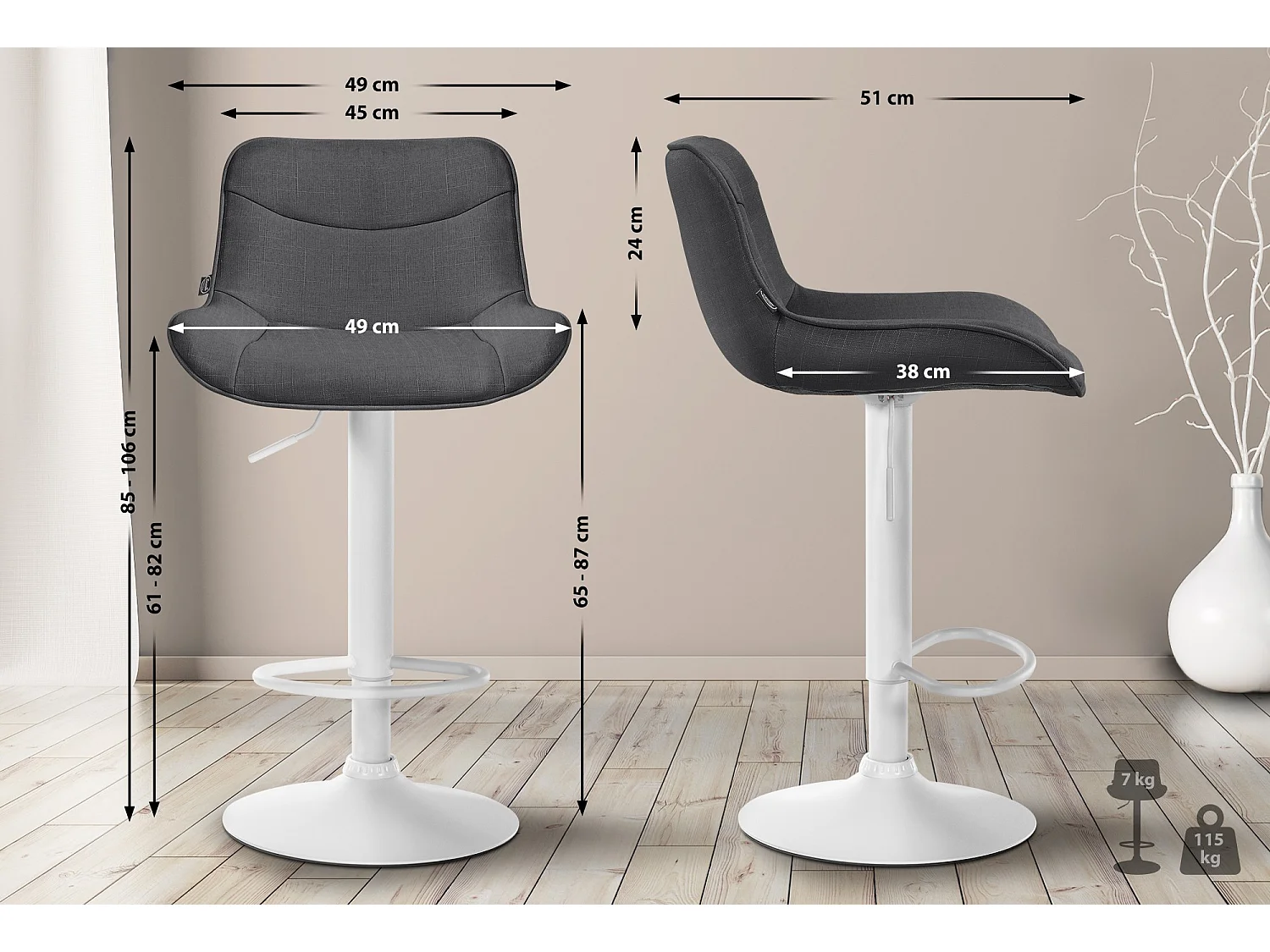 Lot de 2  Tabouret de bar - Tissu & Blanc - Gris foncé - Vonore