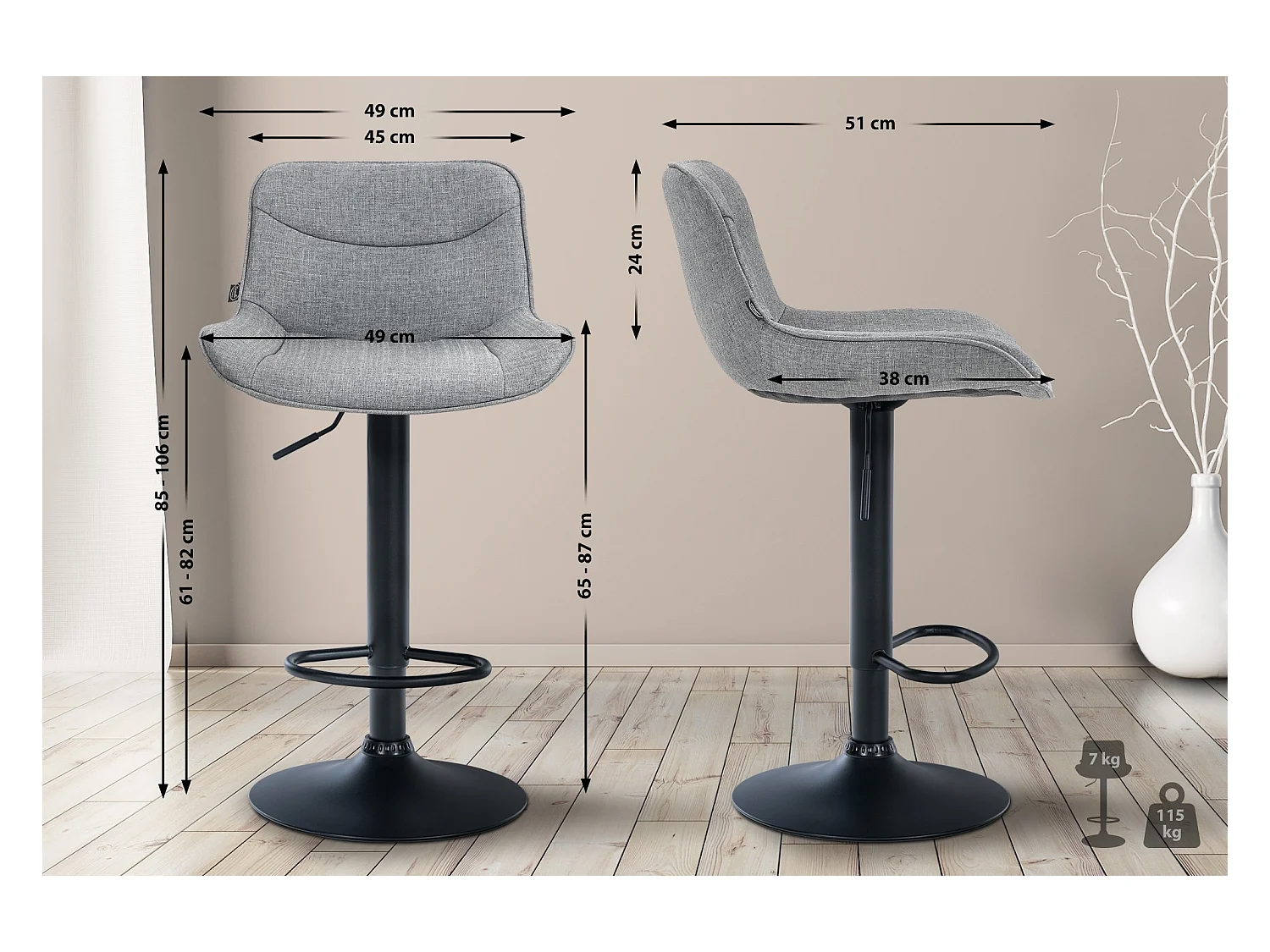 Lot de 2  Tabouret de bar - Tissu & Noir - Gris - Vonore