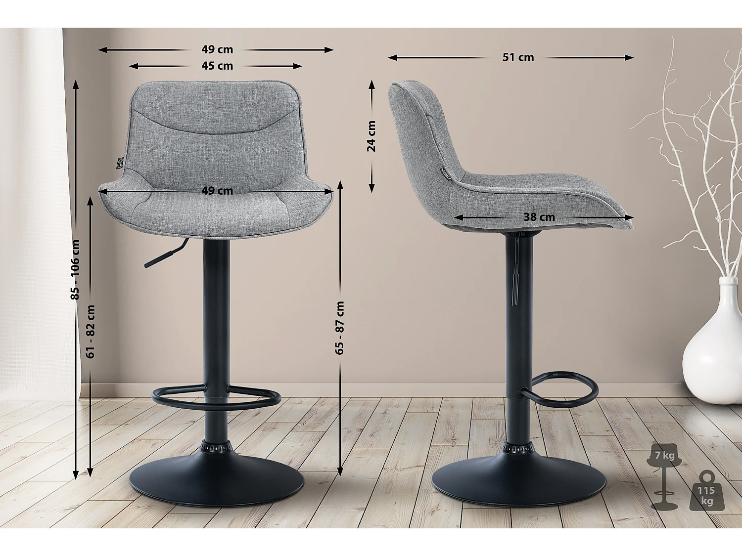 Lot de 2  Tabouret de bar - Tissu & Noir - Gris - Vonore