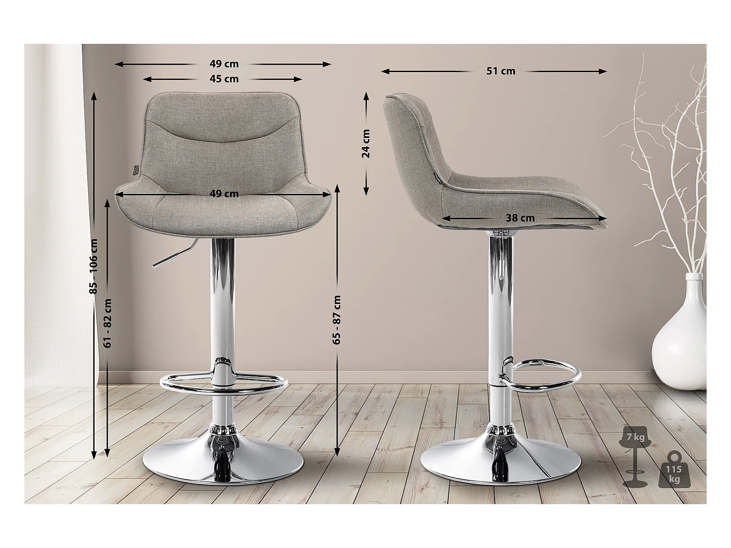 Lot de 2  Tabouret de bar - Tissu & Chrome - Taupe - Vonore