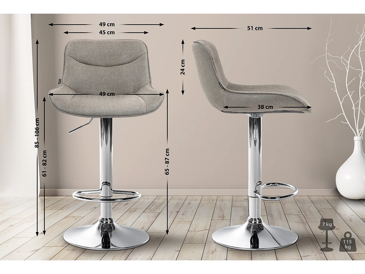 Lot de 2  Tabouret de bar - Tissu & Chrome - Taupe - Vonore