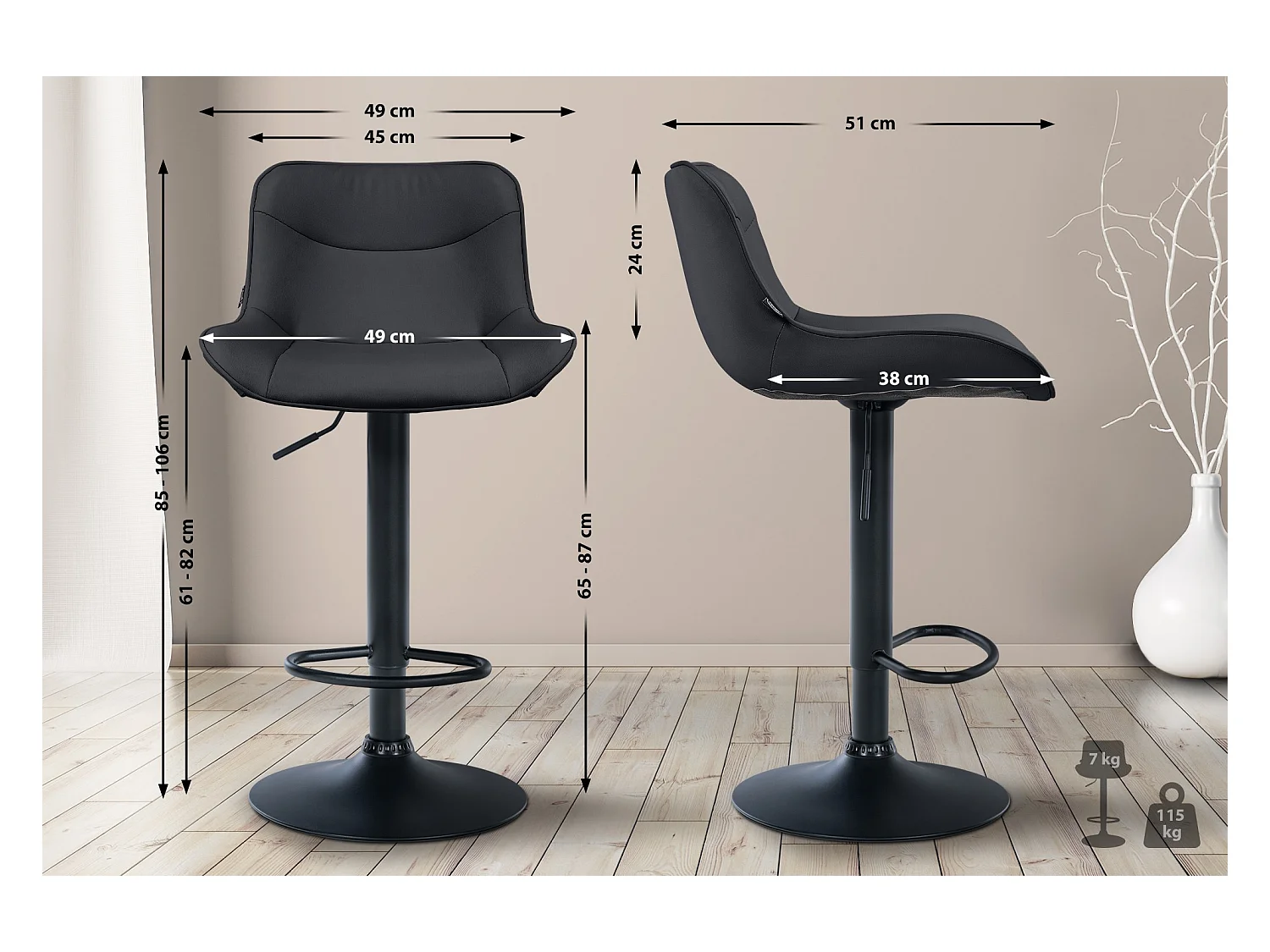 Lot de 2  Tabouret de bar - Similicuir & Noir - Noir - Vonore