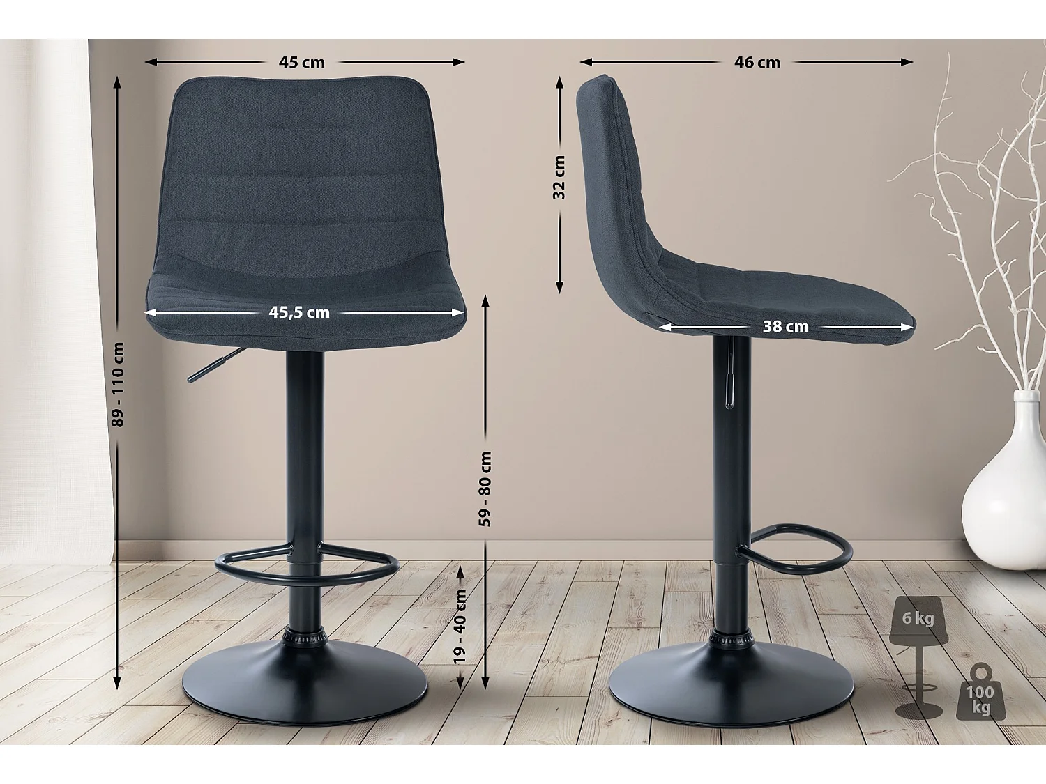 Lot de 2  Tabouret de bar - Tissu - Gris foncé - Lex