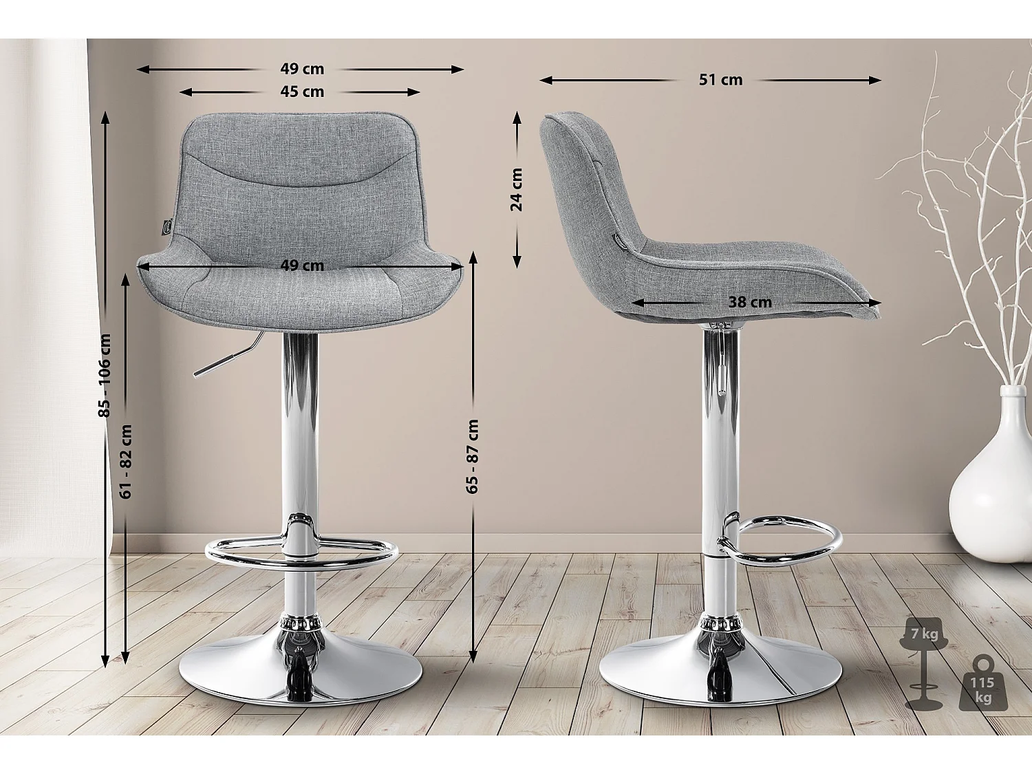 Lot de 2  Tabouret de bar - Tissu & Chrome - Gris - Vonore