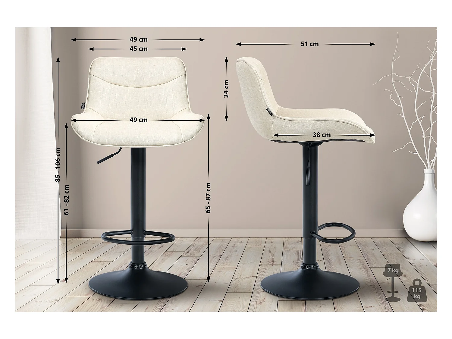 Lot de 2  Tabouret de bar - Tissu & Noir - Crème - Vonore